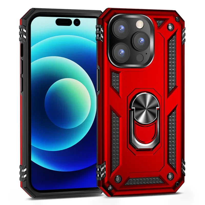 Luxury Shockproof Armor Bumper Case For iPhone 16 15 14 Plus 13 12 11 Pro Max Finger Holder Funda Magnetic Metal Ring Cover