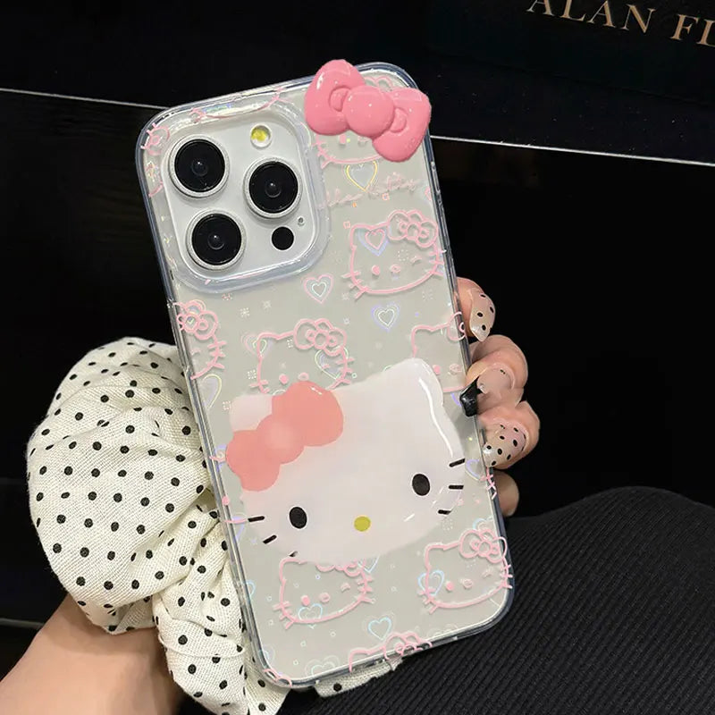 Lovely Hello Kitty Bow Kawaii Holder Phone Case For iPhone 16 15 14 12 13 11 Pro Max XR XS MAX 7 8 PLUS MINI Y2K Bow Laser Cover