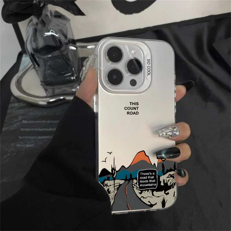 Snow Mountain Road Landscape Phone Case For IPhone 16 15 14 13 12 11 Pro XS Max 16E X XR 7 8 Plus Plating Matte Hard Cover Funda