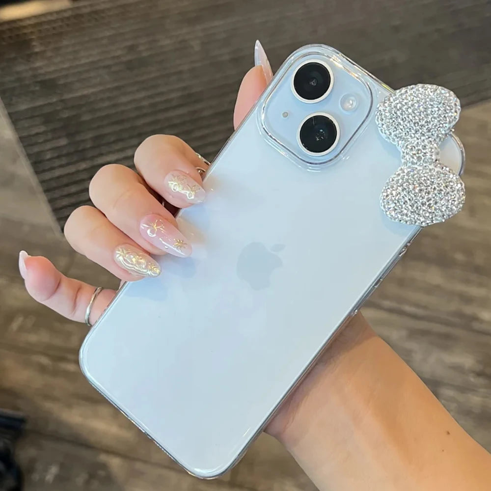 Luxury Bling 3D Diamond Bowknot Tansparent Phone Case For iPhone 16 15 14 13 11 12 Pro Max Plus X XR XS Lovely Soft Cover Funda