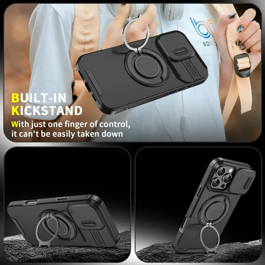 Armor Magnetic Bracket Case for iPhone 16 14 13 12 11 15 Pro Max Plus With Lanyard Slide Camera Protection Shockproof Cover