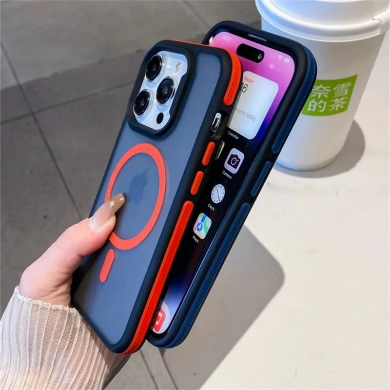 Luxury Matte Translucent Armor Shockproof Case For iPhone 16 15 14 13 12 Pro Max Plus For Magsafe Magnetic Wireless Charge Cover