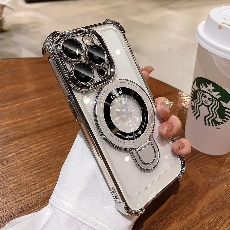 Luxury Plating Shockproof Magnetic Bracket Case For iPhone 15 16 11 12 13 14 Pro Max Plus For Magsafe With Holder Stand Cover