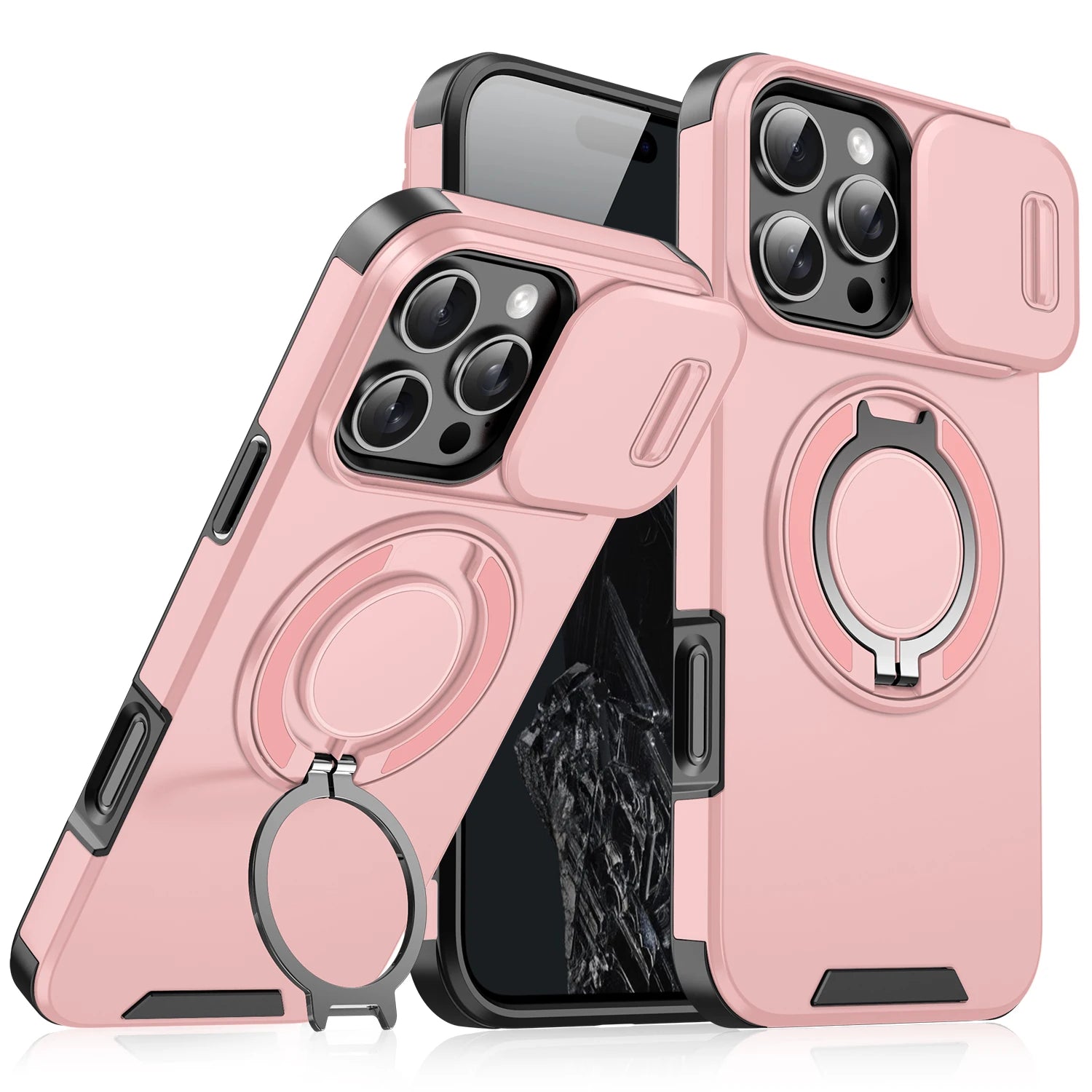 Heavy-duty Rugged Magnetic Ring Stand Case For iPhone 16 E 15 14 13 12 11 Pro Max Plus Slide Camera Protection For Magsafe Cover