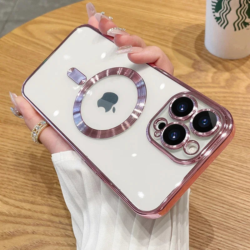 Magnetic Plating Case For iPhone 16e15 14 16 13 12 11 Pro Max With Camera Lens Protector Glass For Magsafe Wireless Charge Cover