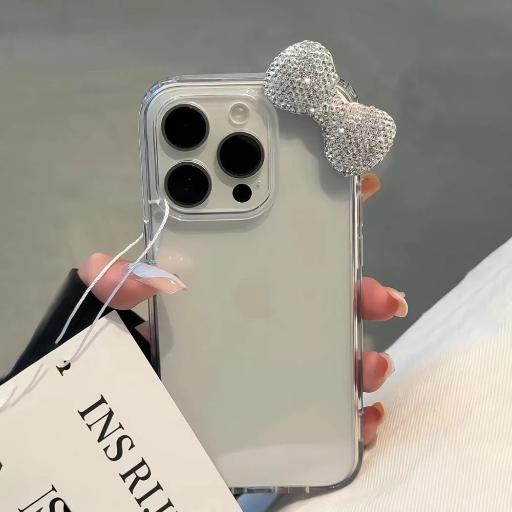 Luxury Bling 3D Diamond Bowknot Tansparent Phone Case For iPhone 16 15 14 13 11 12 Pro Max Plus X XR XS Lovely Soft Cover Funda