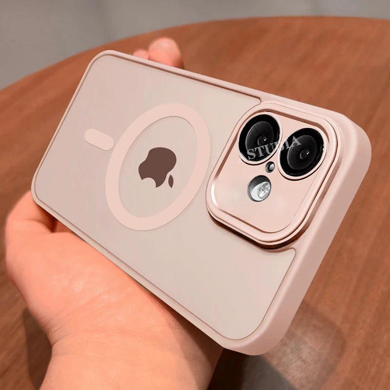 NEW Plain Magnetic Brown Lens Protection Phone Case for iPhone 16 15 14 13 12 11 Pro Max Plus Compatible Wireless Charge Cover