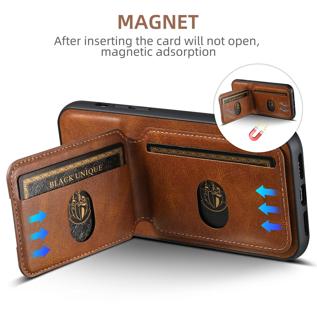Card Holder Leather Magnetic Pocket Cover Wallet Phone Case For iPhone X XS XR 11 12 13 14 15 Plus 16 Pro Max
