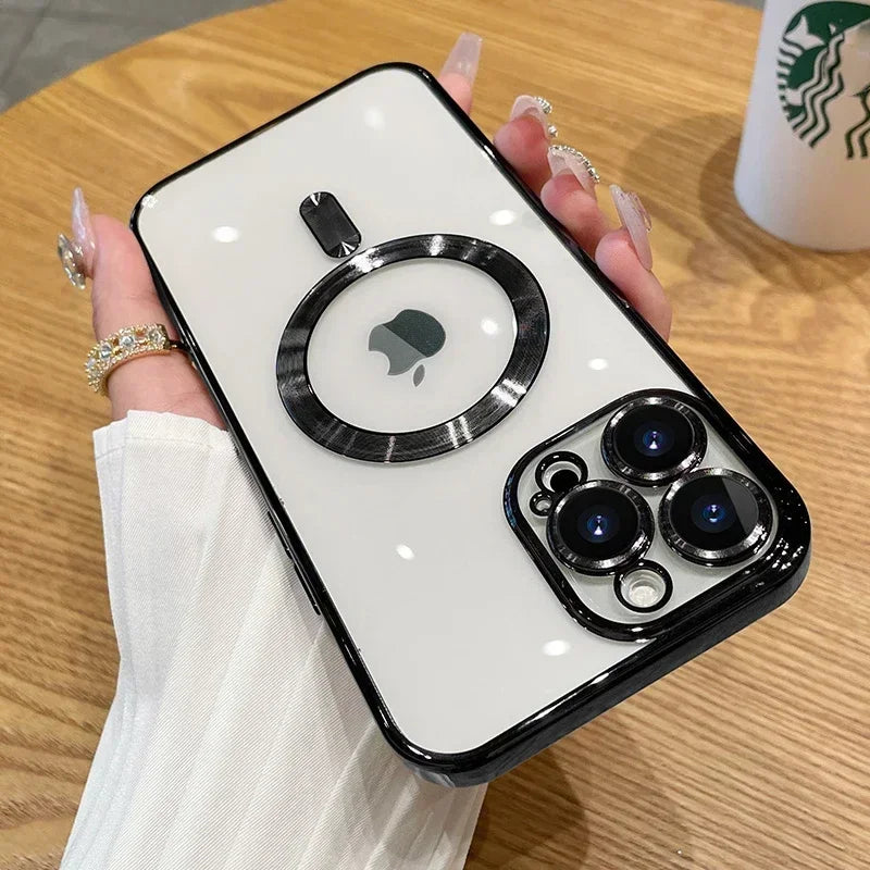 Magnetic Plating Case For iPhone 15 16 14 Plus 13 12 11 Pro Max Camera Lens Protector Glass For Magsafe Wireless Charger Cover