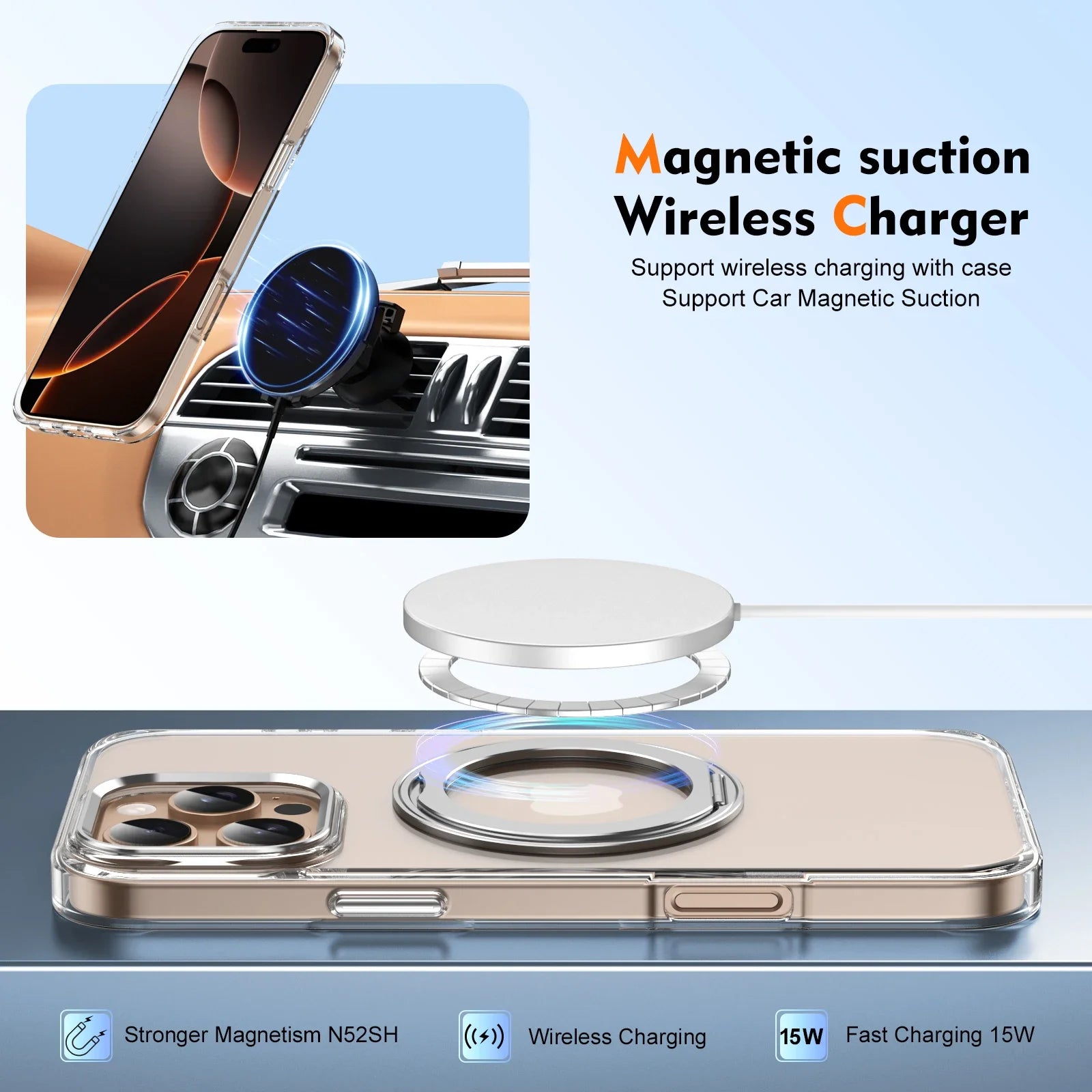 360° Metal Ring Stand clear Magnetic Case for IPhone 16 15 14 13 12 15 Pro Max Plus Magnetic Wireless Charging Transparent Cover