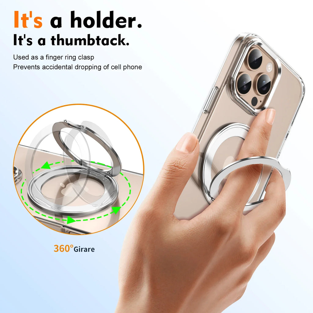 360° Metal Ring Stand clear Magnetic Case for IPhone 16 15 14 13 12 15 Pro Max Plus Magnetic Wireless Charging Transparent Cover