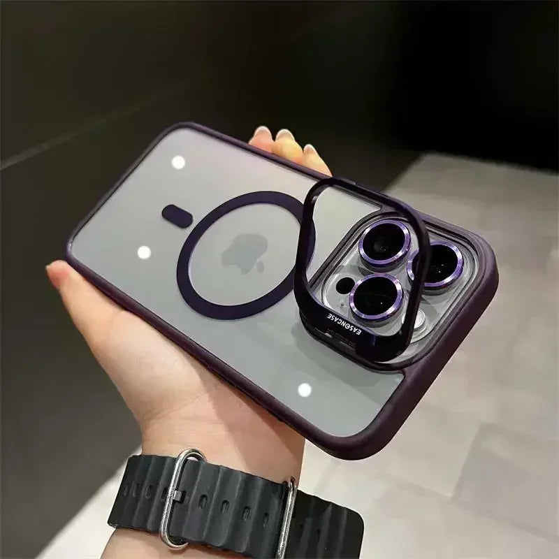 Magsafe Magnetic Lens Protection Stand Phone Case For IPhone 11 12 13 14 15 16 Pro Max Camera Glass Transparent Metal Ring Cover