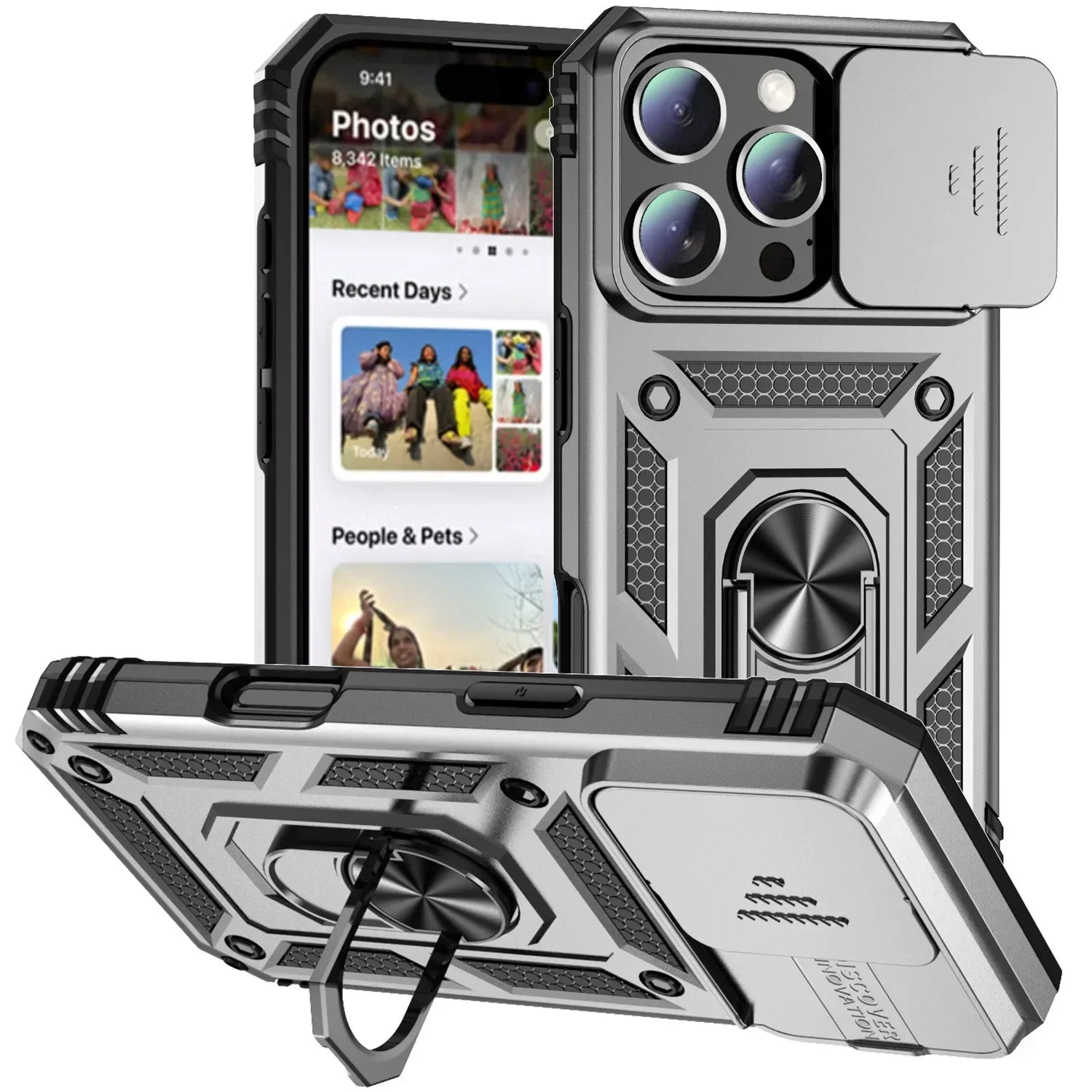 Ring Stand Rotating Slide Camera Lens Military Grade Armor Case for iPhone 16 14 13 12 11 15 Pro Max Plus 12Mini X XR 7 8 Cover