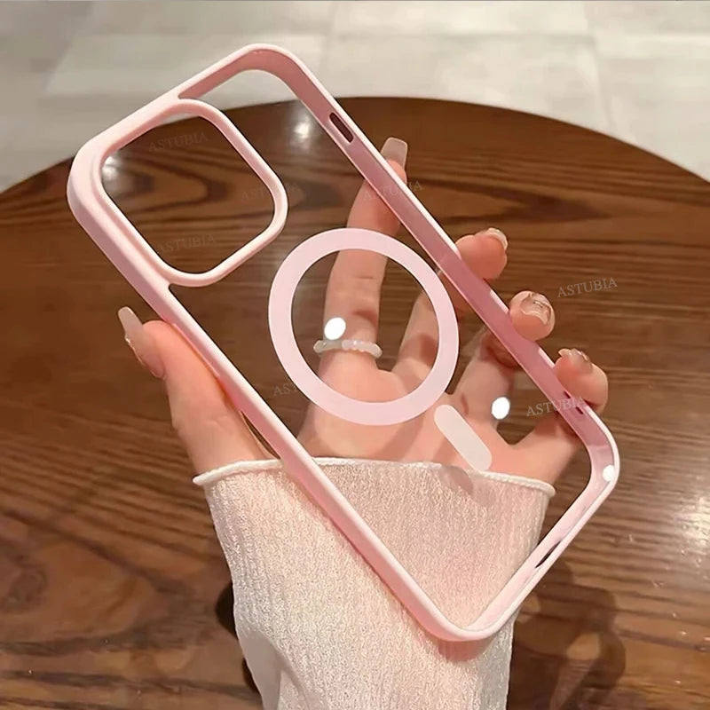 New Acrylic Magnetic Clear Case For iPhone 16 15 14 13 12 11 Pro Max 16 Plus Magsafe Wireless Charge Girls Pink Hard Back Cover