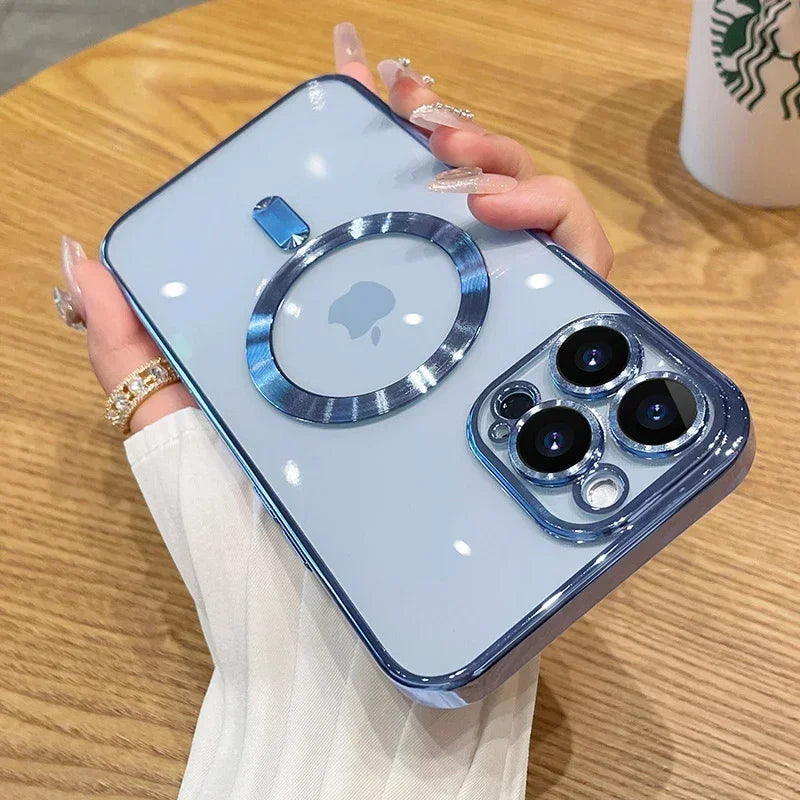 Magnetic Plating Case For iPhone 15 16 14 Plus 13 12 11 Pro Max Camera Lens Protector Glass For Magsafe Wireless Charger Cover