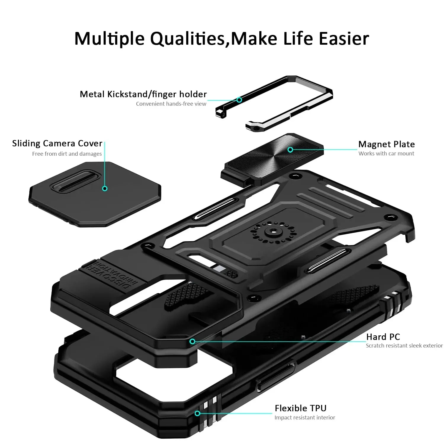 Case For iPhone 16 15 14 13 12 11 Pro XS Max Plus XR 8 7 Plus SE 2024 Ring Stand Armor Anti-fall Slide Camera Kickstand Cover