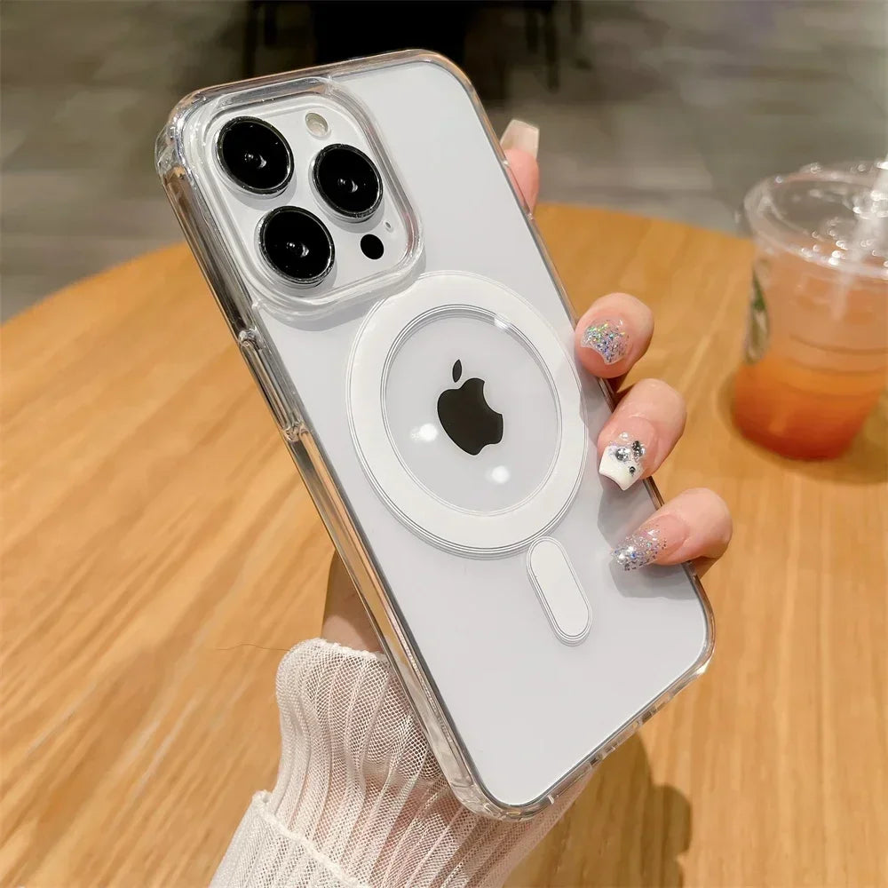 Luxury Crystal Clear Magnetic Case For Magsafe Wireless Charge For iPhone 16 15 14 13 11 Pro Max Plus Case Protective Back Cover