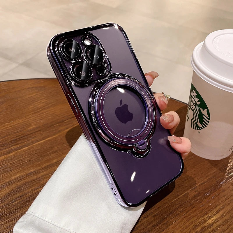 Luxury Magsafe Wireless Charging Case For iPhone 15 16 14 13 12 11 Pro Max Plus Transparent Magnetic Ring Bracket Bumper Cover