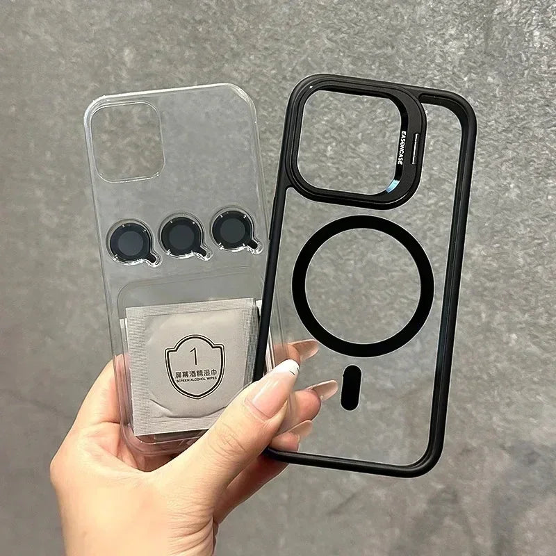 Magsafe Magnetic Lens Protection Stand Phone Case For IPhone 11 12 13 14 15 16 Pro Max Camera Glass Transparent Metal Ring Cover
