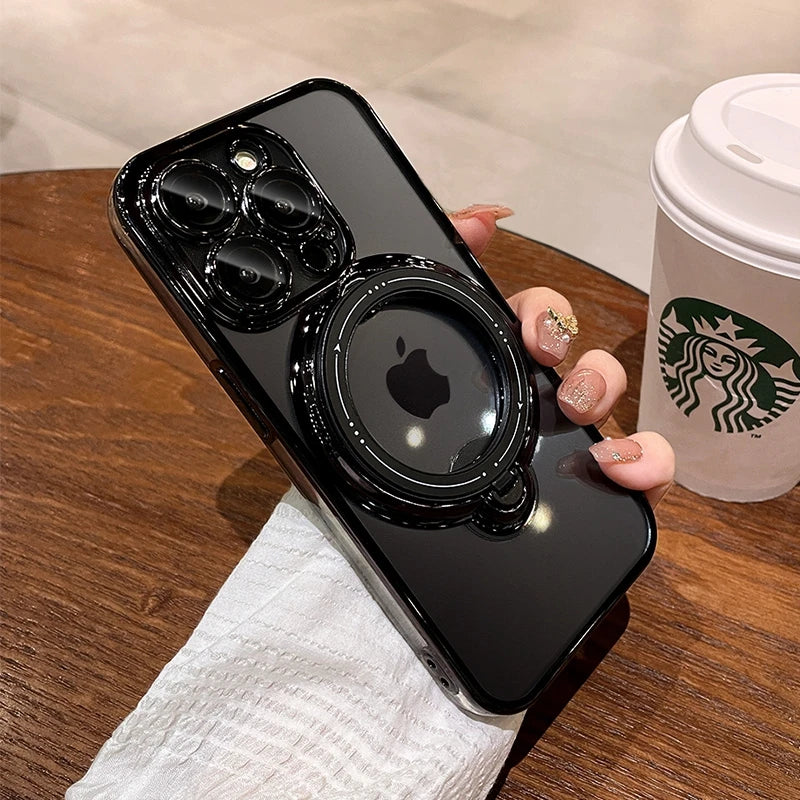 Luxury Magsafe Wireless Charging Case For iPhone 15 16 14 13 12 11 Pro Max Plus Transparent Magnetic Ring Bracket Bumper Cover