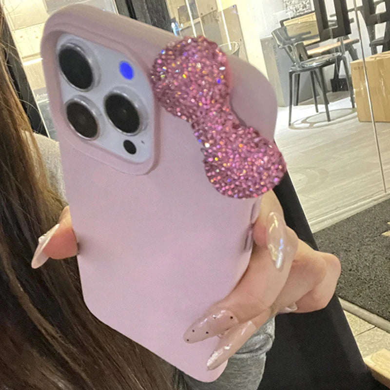 Luxury Rhinestone Bow Litchi Pattern Leather Shockproof Phone Case For iPhone 16 15 14 13 12 11 Pro Max X XS XR 7 Plus Soft Case
