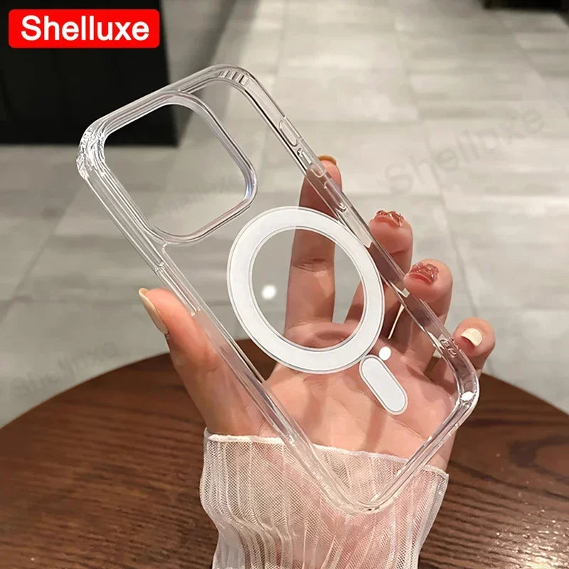 For Magesafe Magnetic Transparent Wireless Charge Case Shelluxe For iPhone 16 15 14 Plus 13 12 Mini 11 Pro Max PC Phone Cover