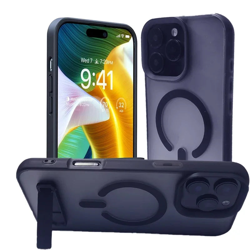 Magnetic Phone Case with Kickstand for iPhone 16 15 14 Pro Max 13 12 11 Stand Cases Shockproof Back Cover with Holder