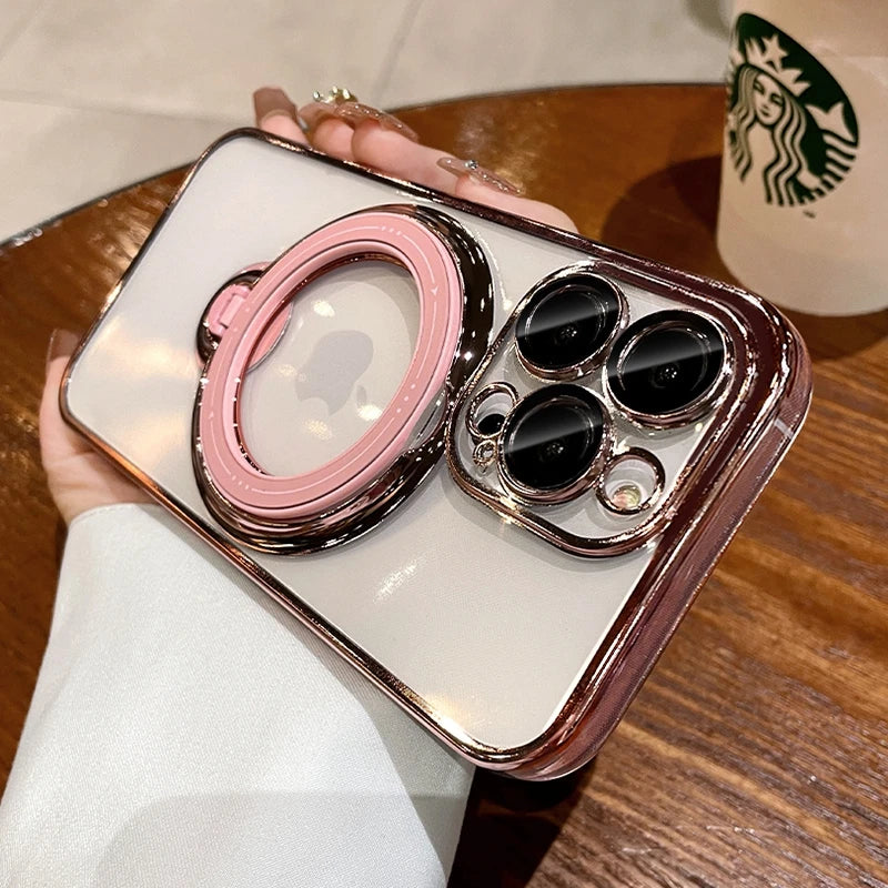 Luxury Magsafe Wireless Charging Case For iPhone 15 16 14 13 12 11 Pro Max Plus Transparent Magnetic Ring Bracket Bumper Cover