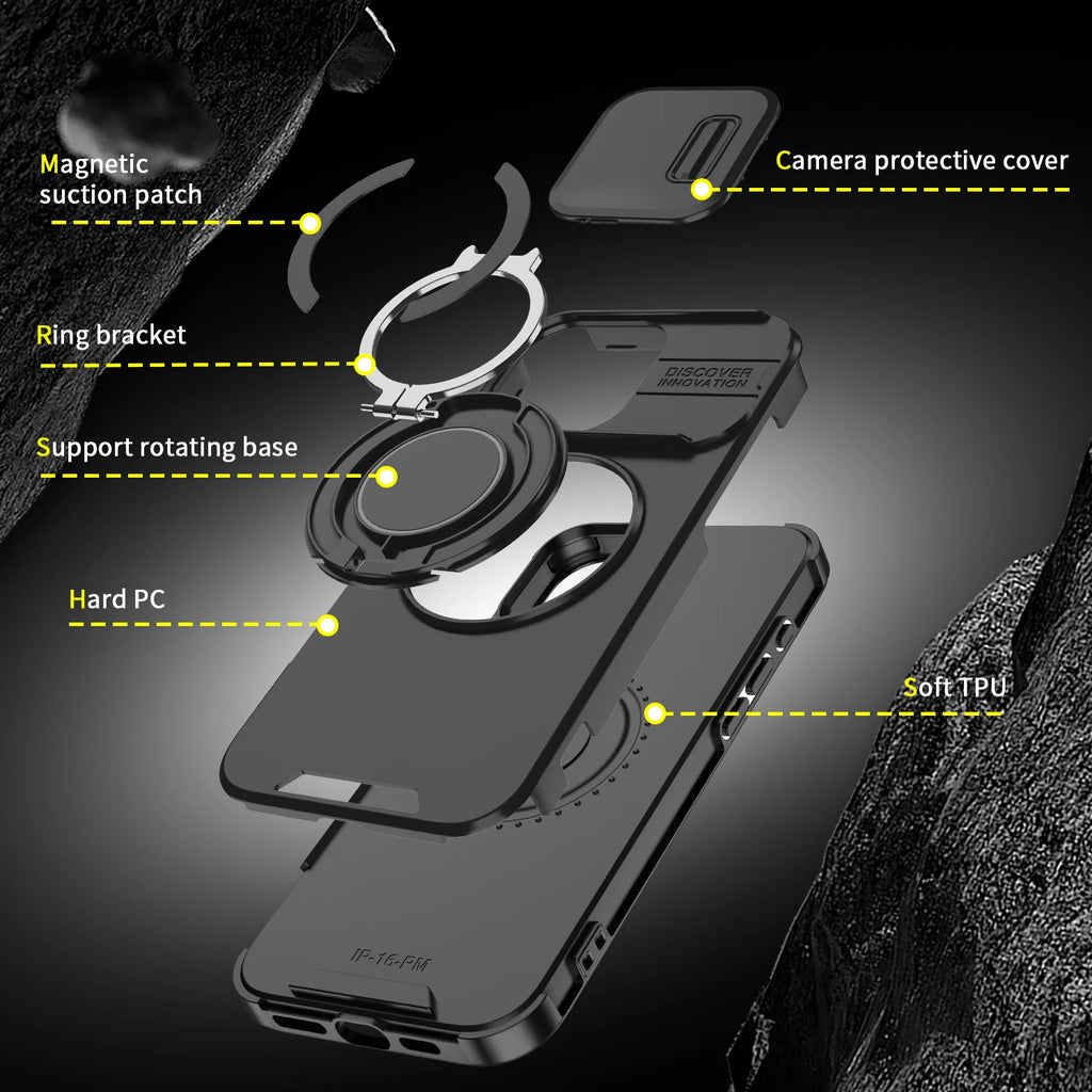 Heavy-duty Rugged Magnetic Ring Stand Case For iPhone 16 E 15 14 13 12 11 Pro Max Plus Slide Camera Protection For Magsafe Cover