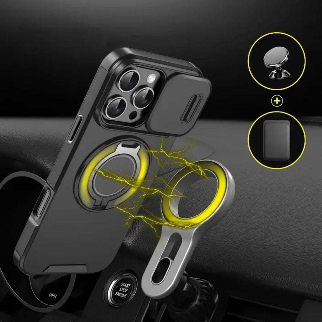 Armor Magnetic Bracket Case for iPhone 16 14 13 12 11 15 Pro Max Plus With Lanyard Slide Camera Protection Shockproof Cover