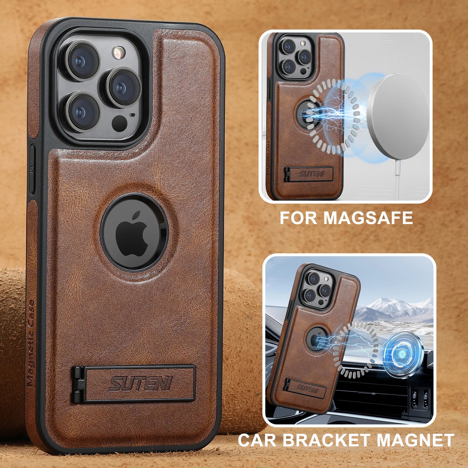 Luxury PU Leather MagSafe Magnetic Wireless Charging Case Stand Phone Case For iPhone 16 Pro Max 15 Plus 14 13 12