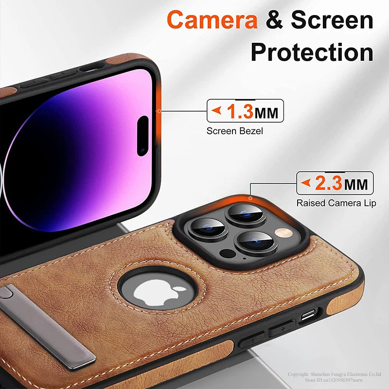 Leather Kickstand Phone Cases for iPhone 16 15 13 Pro Max 14 Plus 12 11 Mobile Case Shockproof Flexible Soft Grip Back Cover