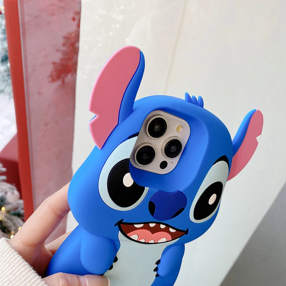 3D Stitch Big Ear Foot Holder Soft Phone Case for iPhone 16 Plus 15 Pro Max 12 11 13 14 Pro 15 Cartoon Silicone Stand Cover