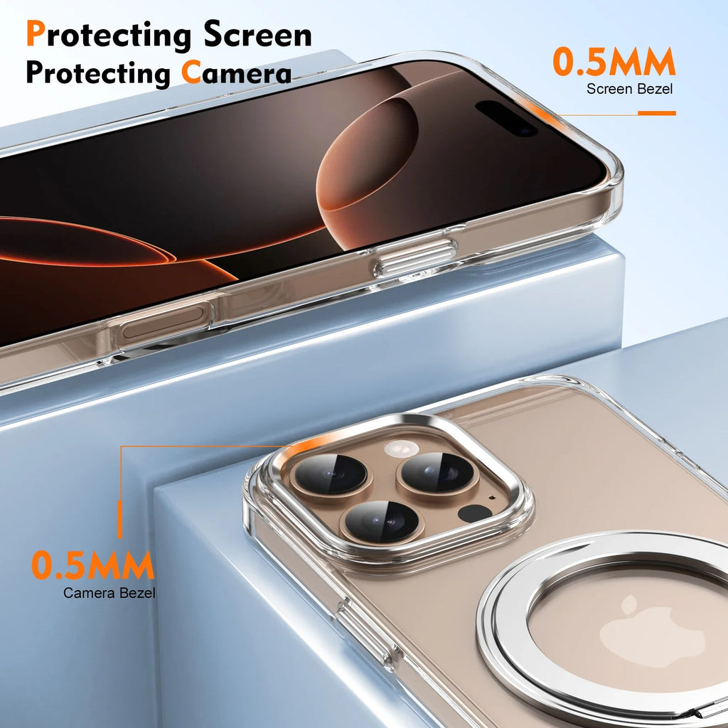 360° Metal Ring Stand clear Magnetic Case for IPhone 16 15 14 13 12 15 Pro Max Plus Magnetic Wireless Charging Transparent Cover
