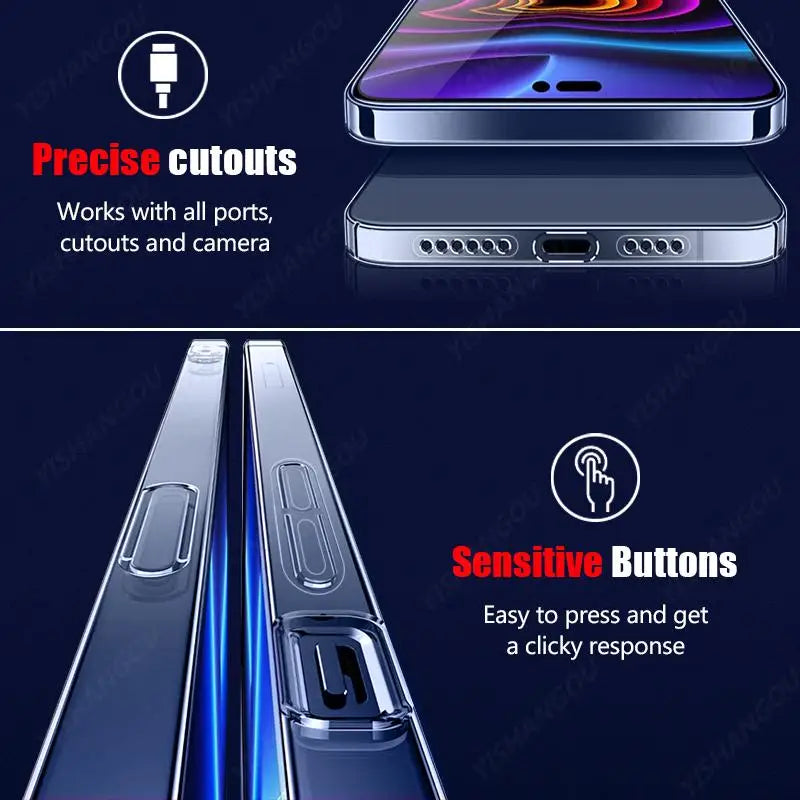 Ultra Thin High Transparent Hard PC Case For iPhone 15 14 13 12 16 Pro Max 16e 11 Crystal Clear Shockproof Bumper Phone Cover