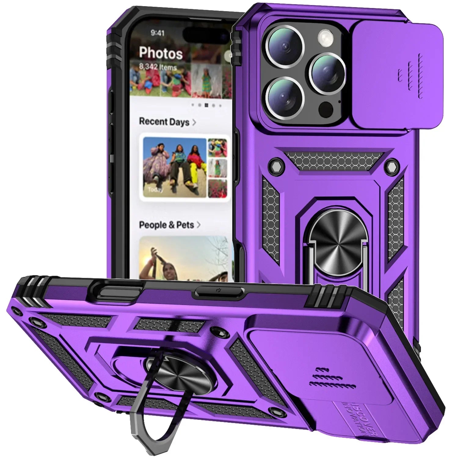 Ring Stand Rotating Slide Camera Lens Military Grade Armor Case for iPhone 16 14 13 12 11 15 Pro Max Plus 12Mini X XR 7 8 Cover