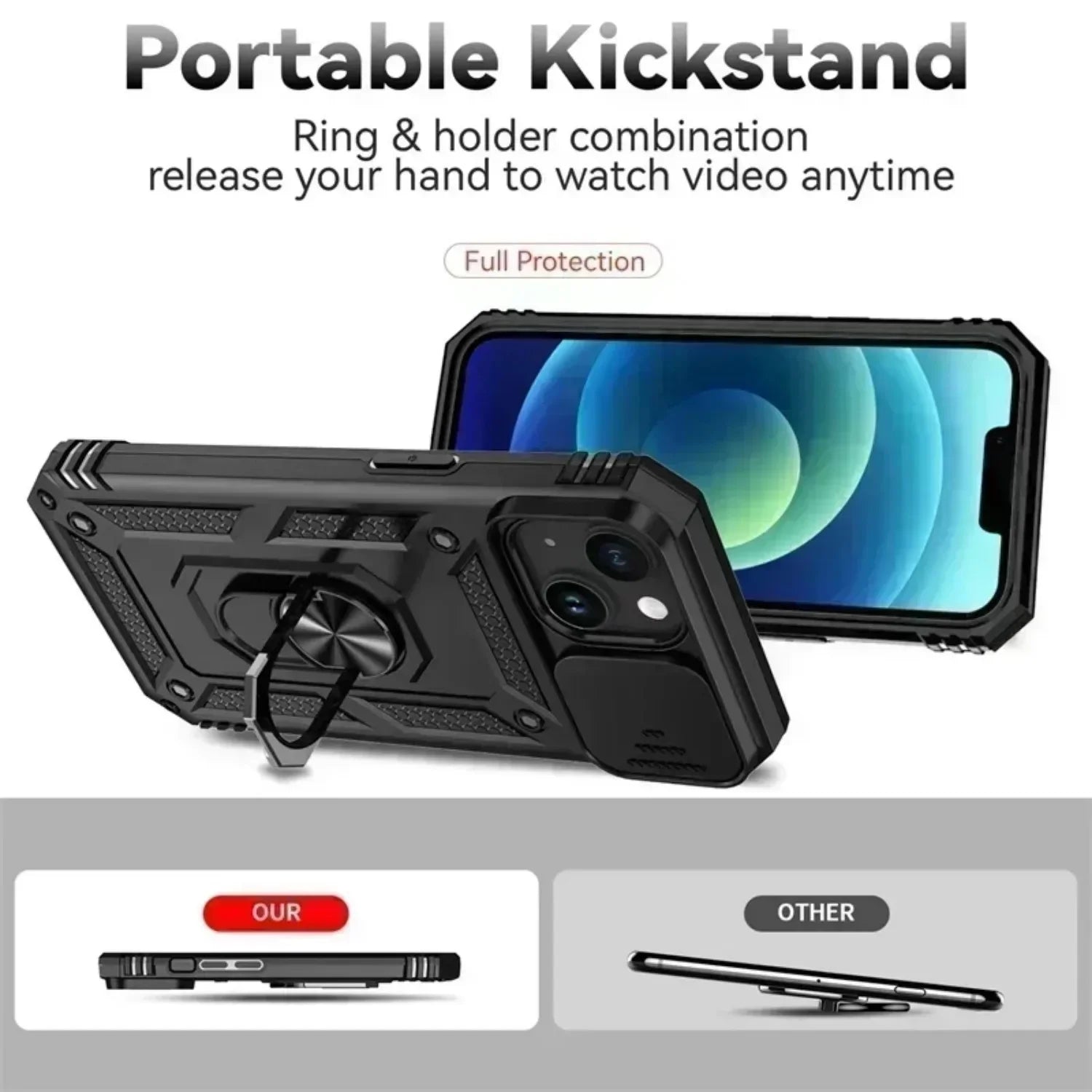 Ring Stand Rotating Slide Camera Lens Military Grade Armor Case for iPhone 16 14 13 12 11 15 Pro Max Plus 12Mini X XR 7 8 Cover
