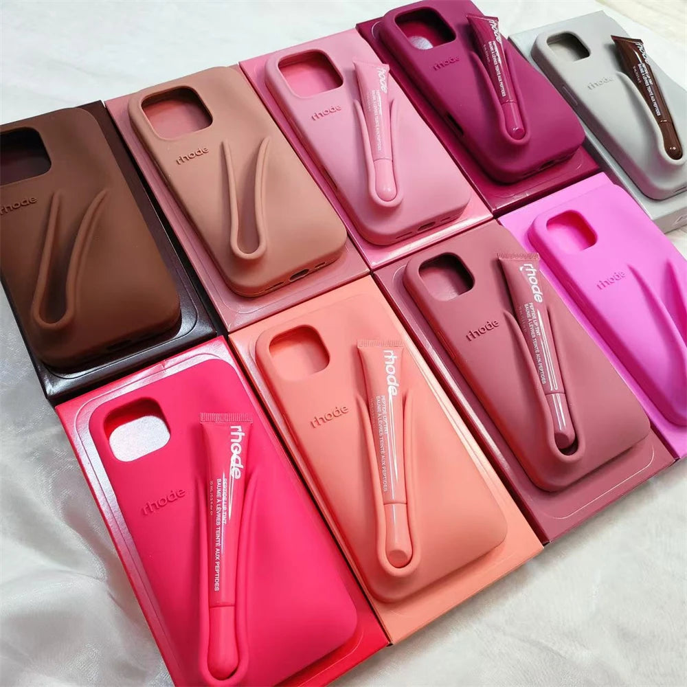 Luxury  DIY Lipstick Soft Silicone Case for iPhone 16 15 13 11 14 12 Pro Max Plus Portable Lip Gloss Holder Ins Phone Cover