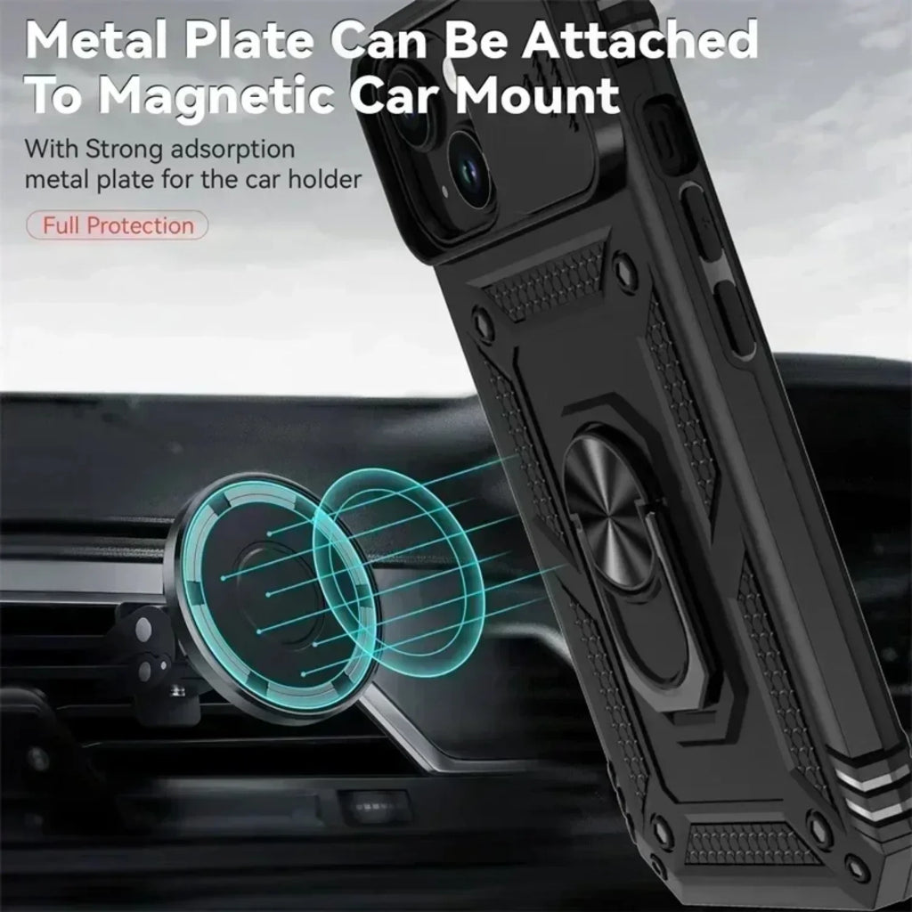 Ring Stand Rotating Slide Camera Lens Military Grade Armor Case for iPhone 16 14 13 12 11 15 Pro Max Plus 12Mini X XR 7 8 Cover