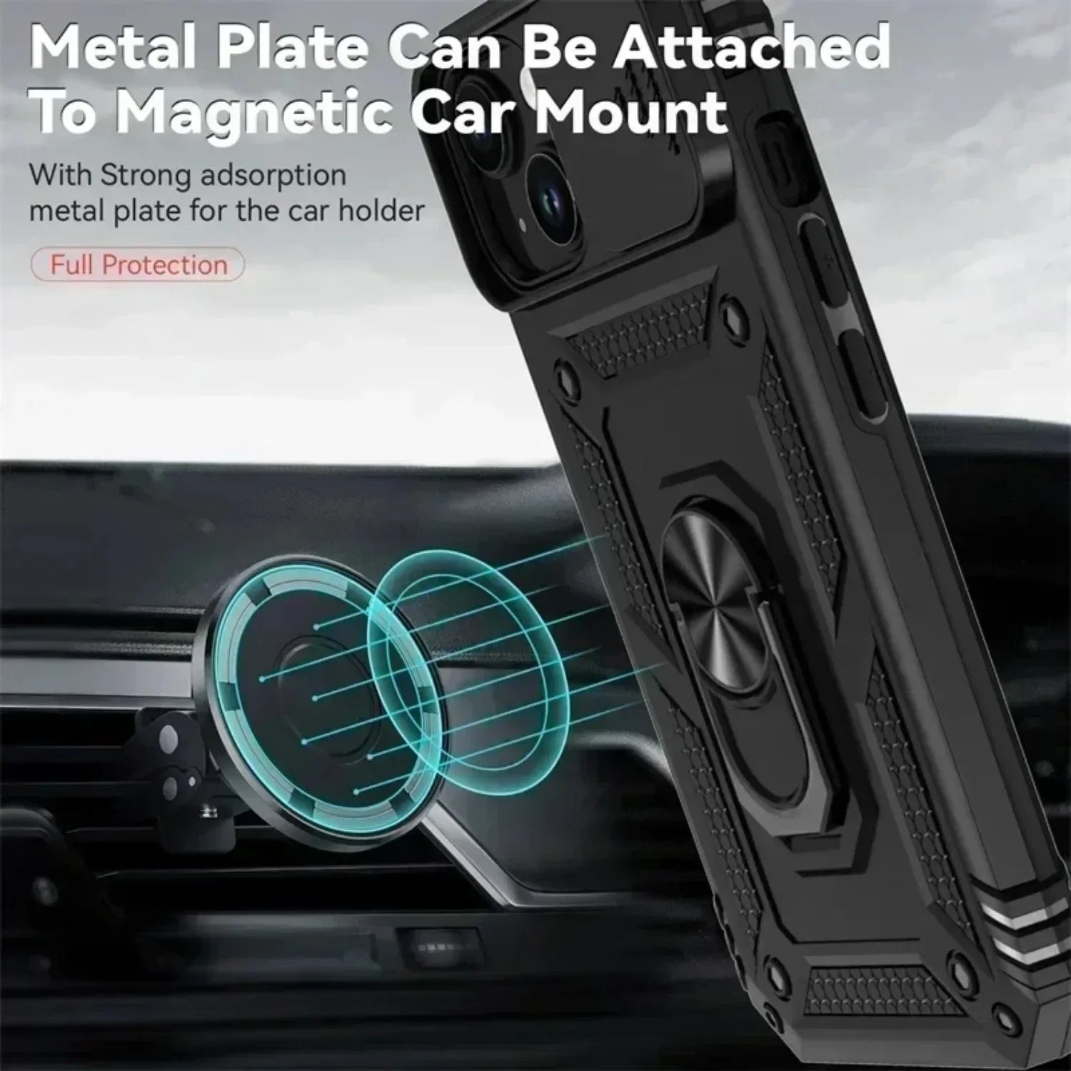 Ring Stand Rotating Slide Camera Lens Military Grade Armor Case for iPhone 16 14 13 12 11 15 Pro Max Plus 12Mini X XR 7 8 Cover