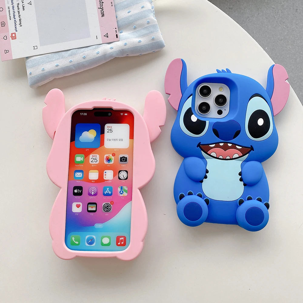 3D Stitch Big Ear Foot Holder Soft Phone Case for iPhone 16 Plus 15 Pro Max 12 11 13 14 Pro 15 Cartoon Silicone Stand Cover