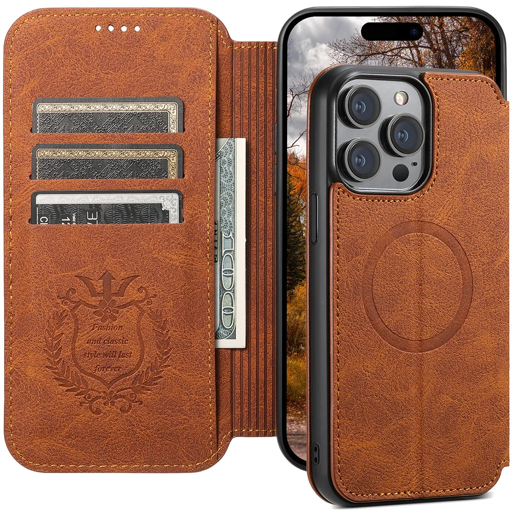 Compatible Wireless Charging Leather Phone Case For iPhone 12 13 14 16 Pro Max 15 Plus Flip Cover Wallet Card Holder