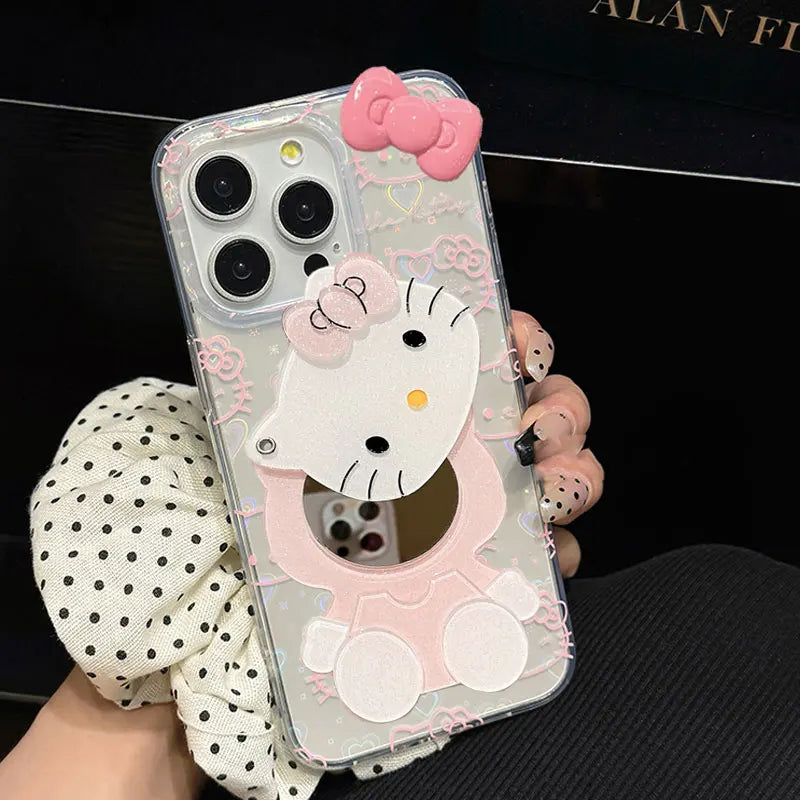 Lovely Hello Kitty Bow Kawaii Holder Phone Case For iPhone 16 15 14 12 13 11 Pro Max XR XS MAX 7 8 PLUS MINI Y2K Bow Laser Cover