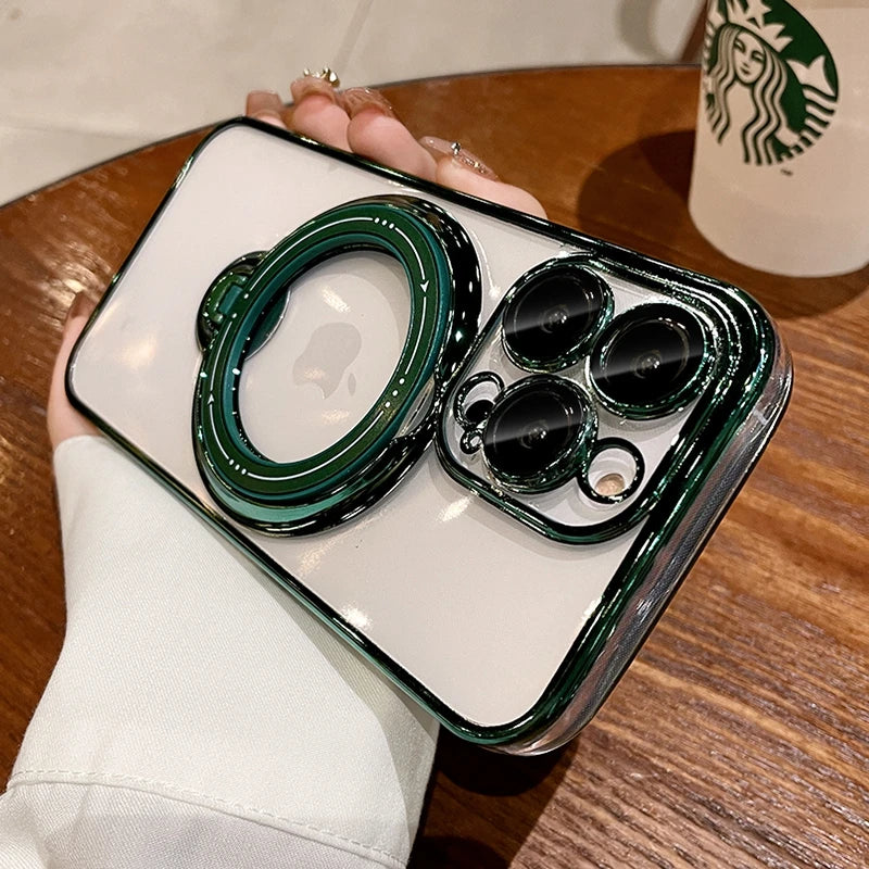 Luxury Magsafe Wireless Charging Case For iPhone 15 16 14 13 12 11 Pro Max Plus Transparent Magnetic Ring Bracket Bumper Cover