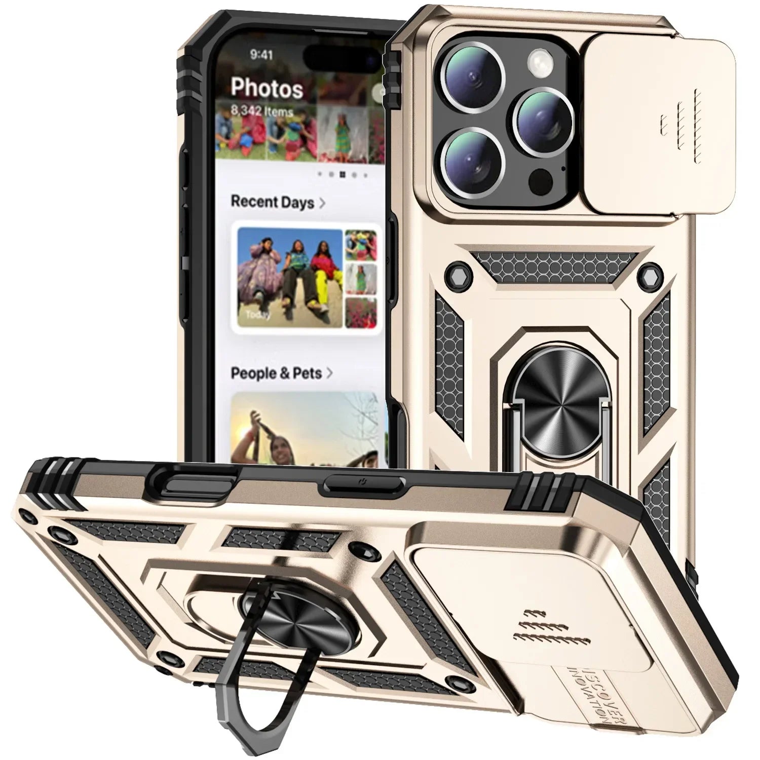 Ring Stand Rotating Slide Camera Lens Military Grade Armor Case for iPhone 16 14 13 12 11 15 Pro Max Plus 12Mini X XR 7 8 Cover