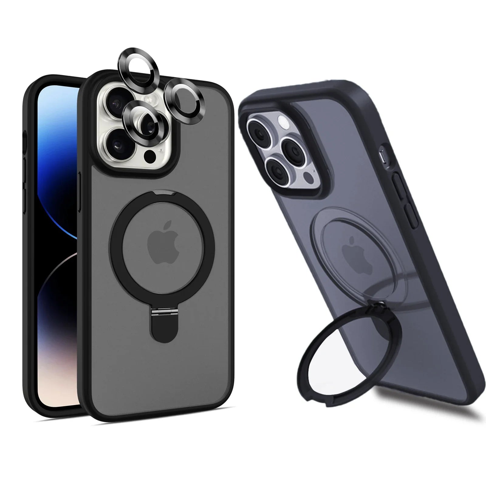 Magnetic Mobile Phone Case with Ring Stand for iPhone 16 15 14 Pro Max  Plus 13 12 11 Cases Translucent Cover with Protector