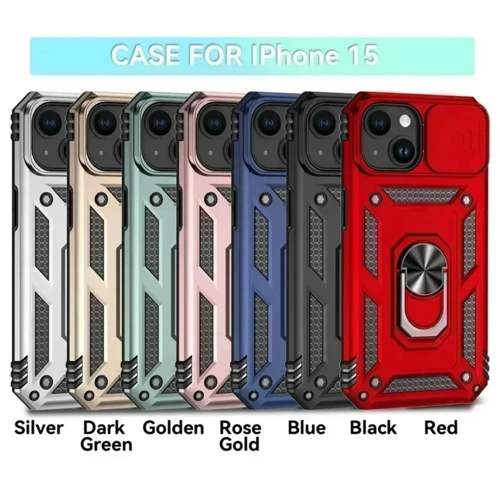 Ring Stand Rotating Slide Camera Lens Military Grade Armor Case for iPhone 16 14 13 12 11 15 Pro Max Plus 12Mini X XR 7 8 Cover