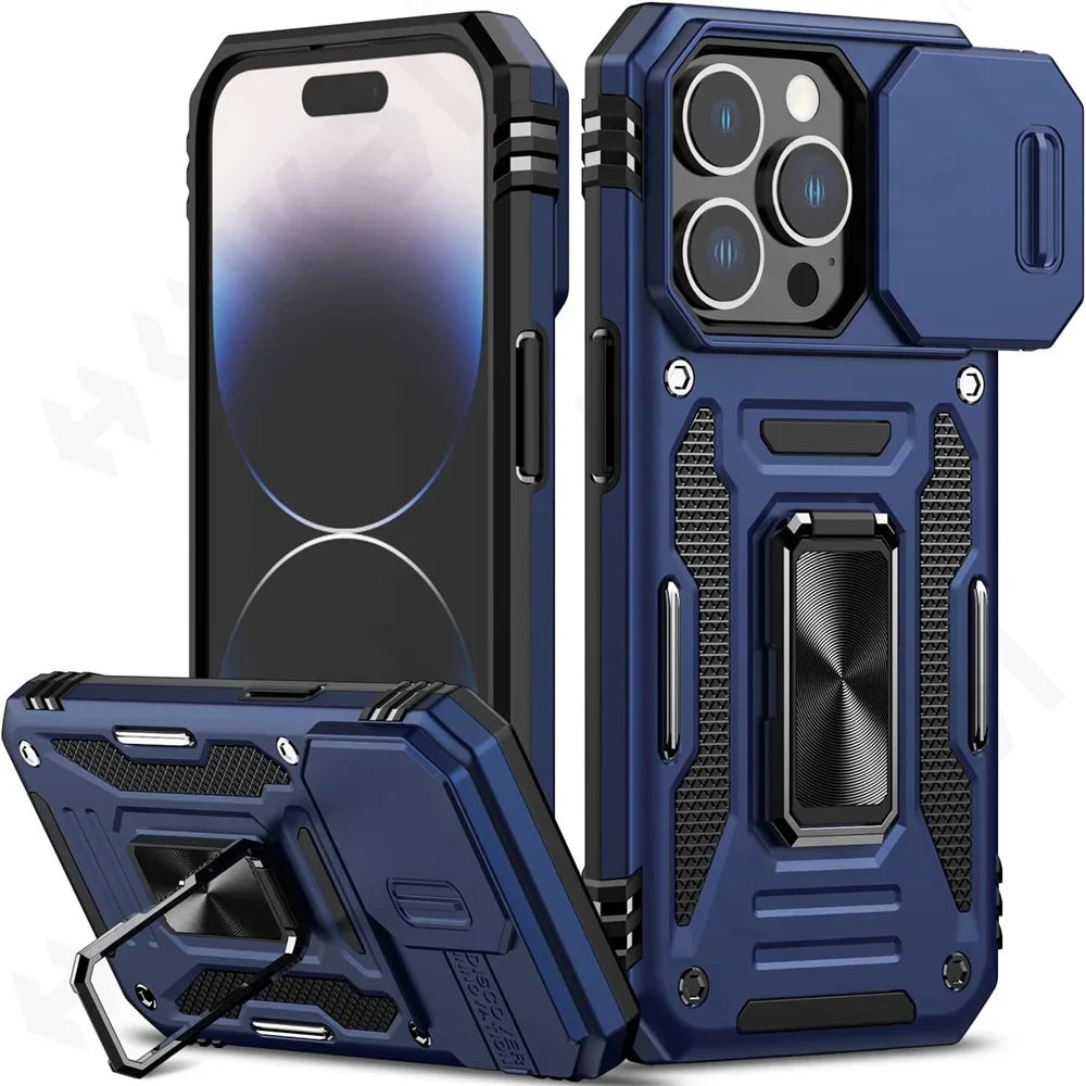 Case For iPhone 16 15 14 13 12 11 Pro XS Max Plus XR 8 7 Plus SE 2024 Ring Stand Armor Anti-fall Slide Camera Kickstand Cover
