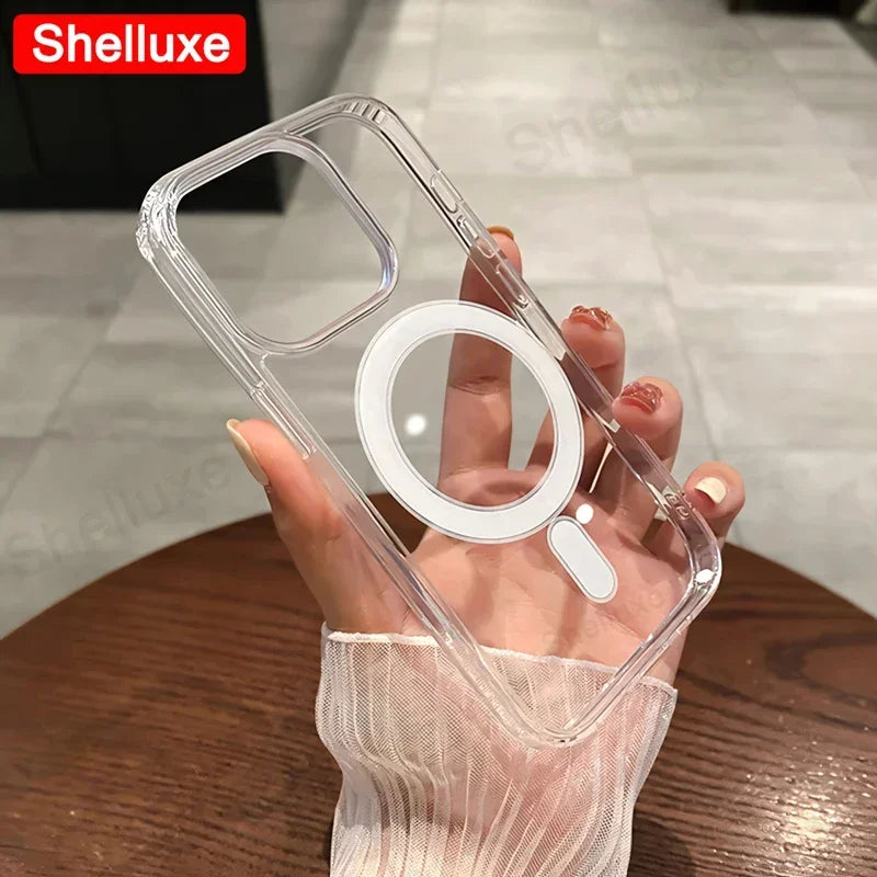 For Magesafe Magnetic Transparent Wireless Charge Case Shelluxe For iPhone 16 15 14 Plus 13 12 Mini 11 Pro Max PC Phone Cover