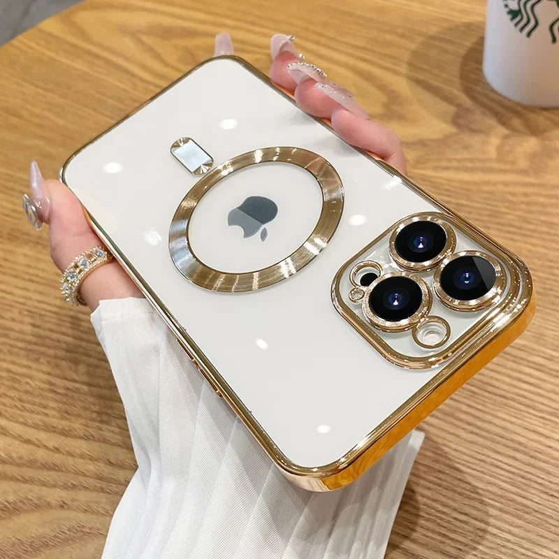 Magnetic Plating Case For iPhone 16e15 14 16 13 12 11 Pro Max With Camera Lens Protector Glass For Magsafe Wireless Charge Cover